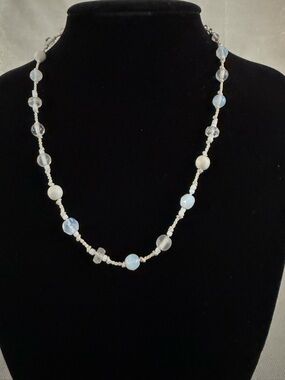 Monet Opalescent Bead Necklace in Pale Blue and White